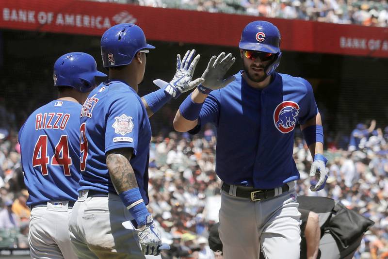 Chicago Cubs' Kris Bryant, right, celebrates with after hitting a two-run home run that scored Javier Baez, center, against the San Francisco Giants during the third inning of a baseball game in San Francisco, Wednesday, July 24, 2019.