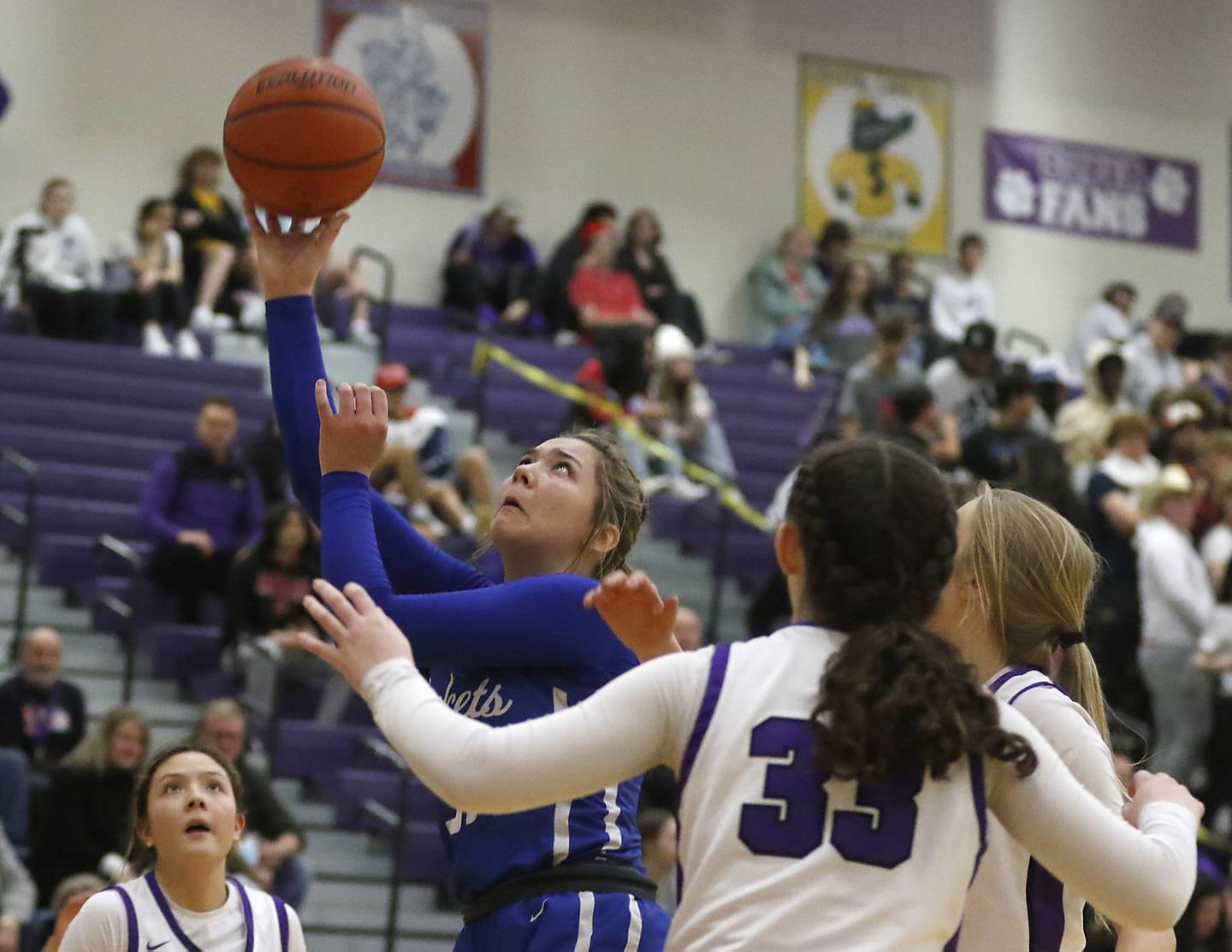 Burlington Central's Emma Payton shoots the ball over Hampshire's Ashley Herzing during a Fox Valley Conference girls basketball game Friday, Jan. 20, 2023, at Hampshire High School.