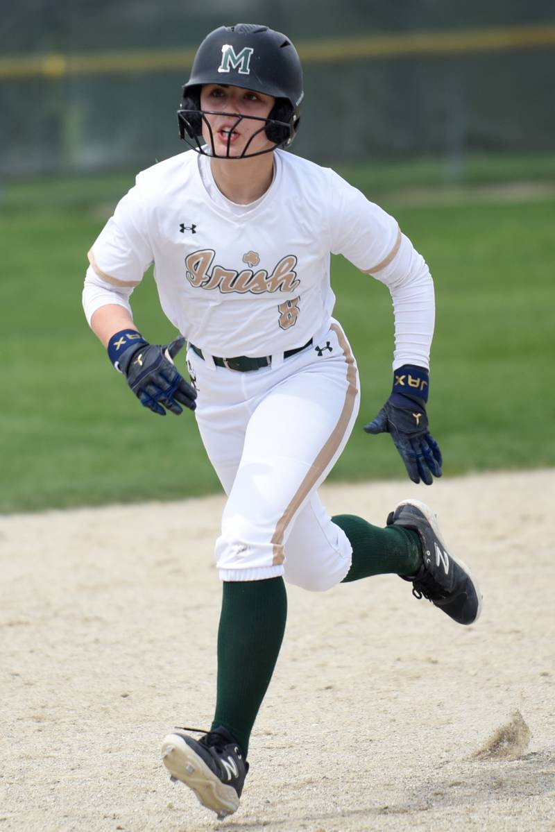 Bishop McNamara's Abbie Bysor runs to third base during a home game against St. Laurence Saturday, April 11, 2026.