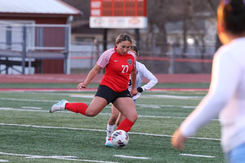Bradley-Bourbonnais' Aaliyah Lanum sends a pass during the Boilermakers' 3-2 victory over Kankakee in the All-City matchup on Thursday, March 27.