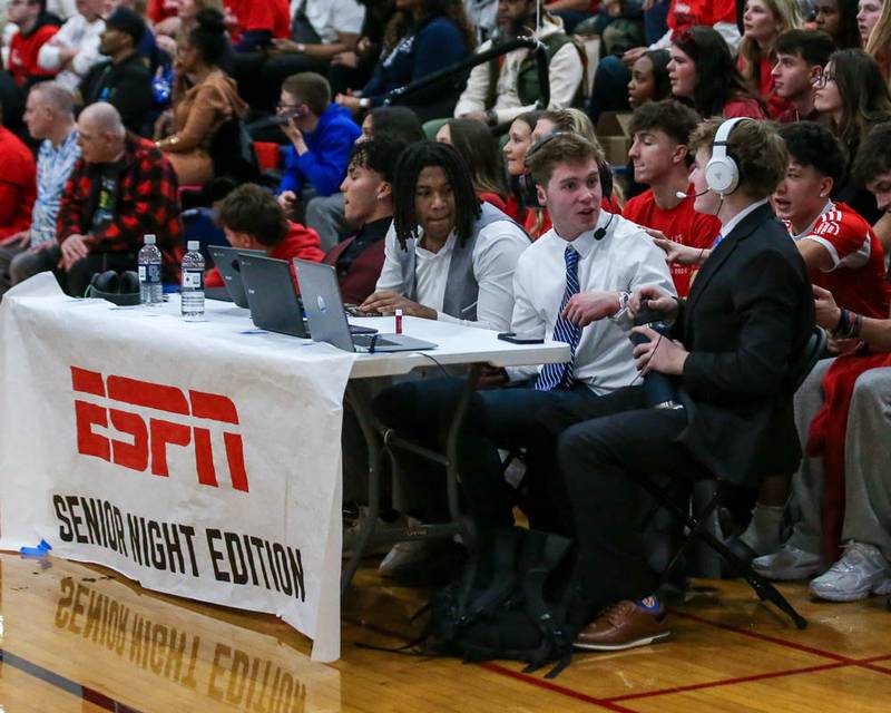 The Oswego East students setup as an ESPN broadcast during their basketball game between Oswego at Oswego East, Feb 13, 2026 in Oswego.