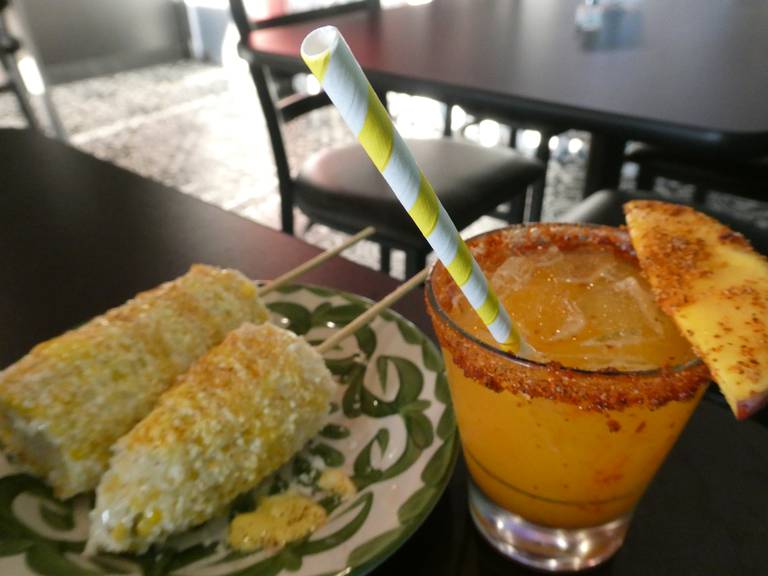 "Mini" elotes, $4 each, and a $10 mango habanero margarita, at Taqueria Taquitos, a new Mexican restaurant in Lake in the Hills that takes the place of the Rock N Grill off Randall Road.