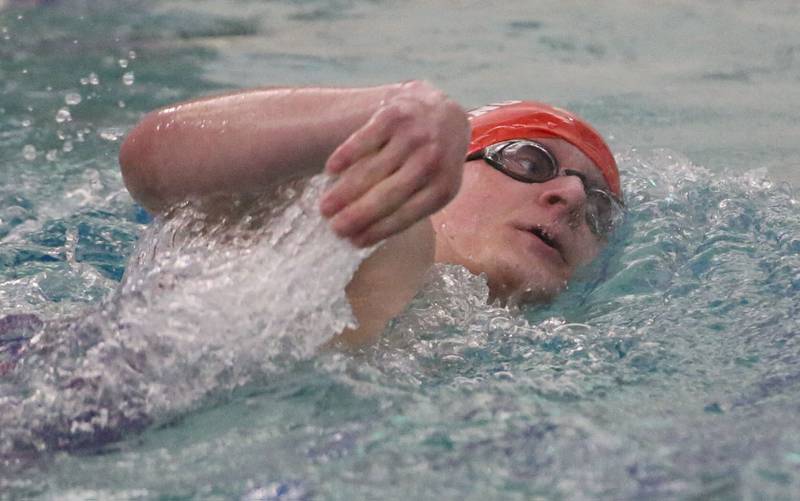 Morrison swimmer Gavin Streets-Wood competes in the 100 yard freestyle event during a triangular meet against L-P and Olympia on Wednesday, Jan. 22, 2025 at the Illinois Valley YMCA in Peru.