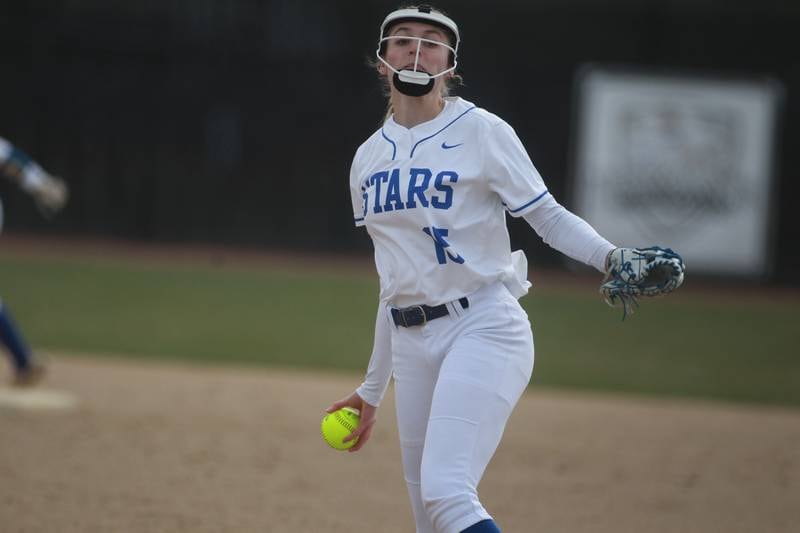St. Charles North's Paige Murray pitches during a game against Wheaton North on Tuesday, April 15, 2025 in St. Charles.