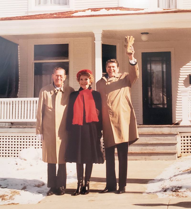 On Feb. 6, 1984, Neil (left) and Ronald Reagan dedicated the Ronald Reagan Boyhood Home on South Hennepin in Dixon. Nancy Reagan.joined them in this photo.