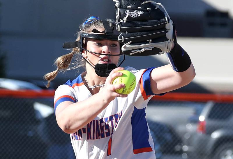 Genoa-Kingson's Elizabeth Davis delivers a pitch during their game against Forreston Friday, March 15, 2024, at Genoa-Kingston High School.