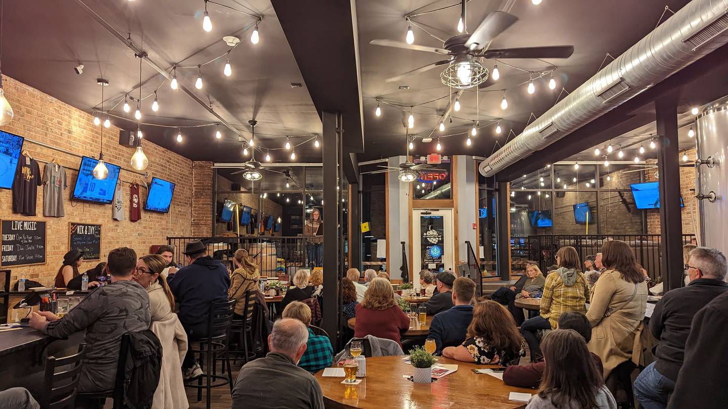 Amy Curtis tells a story on Wednesday, October 19, 2022, at Nik & Ivy Brewing in Lockport. The event, Stories R Us, is held monthly. Founder and host is artist Barbara Eberhard.