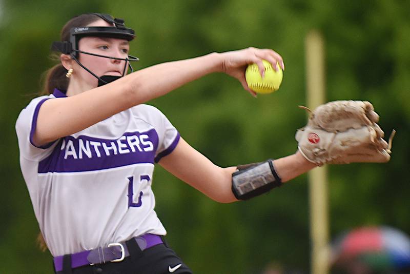 Manteno's Maddy Delya throws a pitch during a home game against Herscher Tuesday, May 12, 2026.