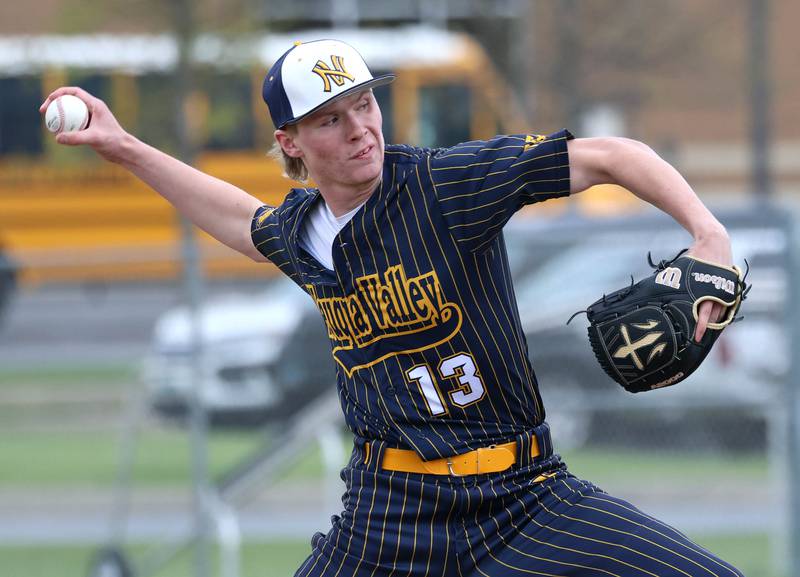 Neuqua Valley's Joshua Repmann delivers a pitch Tuesday, May 5, 2026, during their game at DeKalb High School.