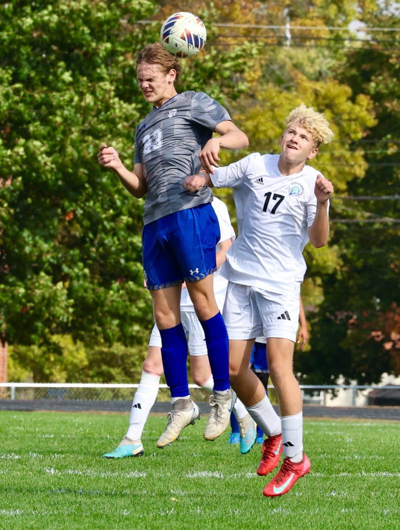 Princeton's Jakoby Smallwood is heads up in Saturday's regional quarterfinal soccer match vs. Stanford Olympia at Bryant Field. The Tigers won 6-2.