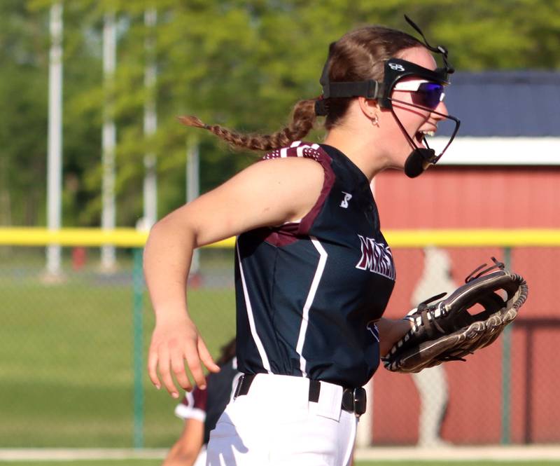 Marengo’s Jozsa Christiansen leaps for joy as the Indians record the final out against Aurora Central Catholic in IHSA Class 2A Regional Title Game action softball at Marengo High School in Marengo on Friday, May 23, 2025.