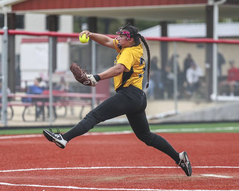 Joliet West's Gabriela Juarez (39) goes through her windup during softball game between Joliet West at Yorkville on Wednesday, April 30, 2025 in Yorkville.
