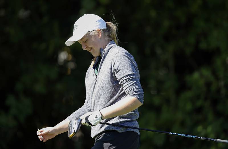 Callista Brady of Glenbard West, reacts to her drive during the IHSA Class 2A West Chicago girls golf regional at St. Andrews Tuesday, Oct. 1, 2024 in West Chicago.