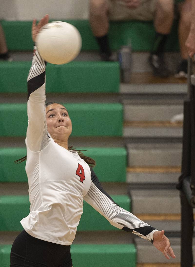 Erie-Prophetstown’s Ashlyn Johnson plays the ball against Rock Falls on Thursday, Sept. 11, 2025.