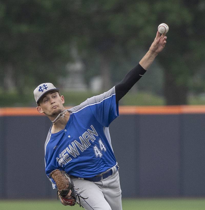 Newman’s Drake Cole starts the game on the mound against Teutopolis Friday, June 6, 2025, during the Class 2A state semifinal at Illinois Field in Champaign.