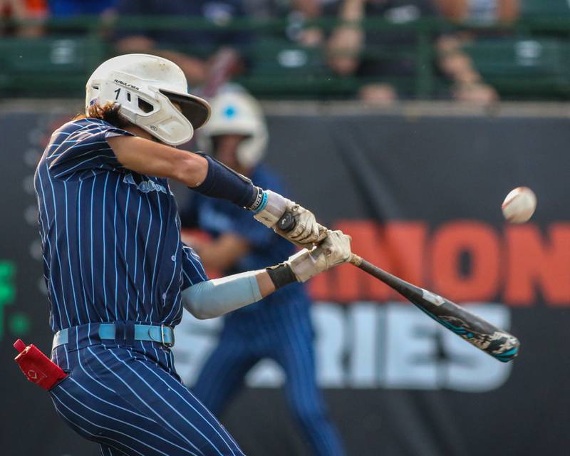 Nazareth's Luca Fiore (1) connects on a pitch during Class 3A Crestwood Supersectional game between Lindblom at Nazareth.  June 5, 2023.