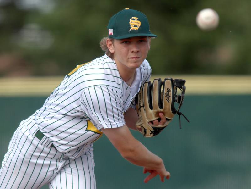 Crystal Lake South’s Mark Pachla makes an offering against Lake Forest in Class 3A baseball regional action at Crystal Lake Thursday.