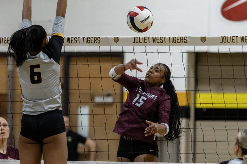 Lockport's Malia Cole goes up for a kill during a 4A Sectional Finals varsity volleyball game against Joliet West at Joliet West on Nov. 6, 2025.