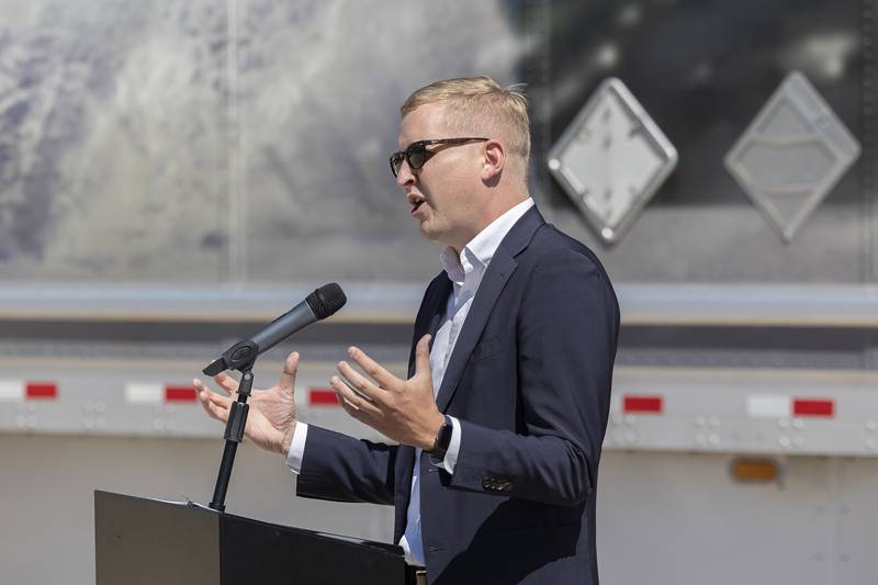 Tom Demmer, executive director of the Lee County Industrial Development Association, speaks at the groundbreaking of Bonnell’s new manufacturing facility Wednesday, August 30, 2033 in Dixon.