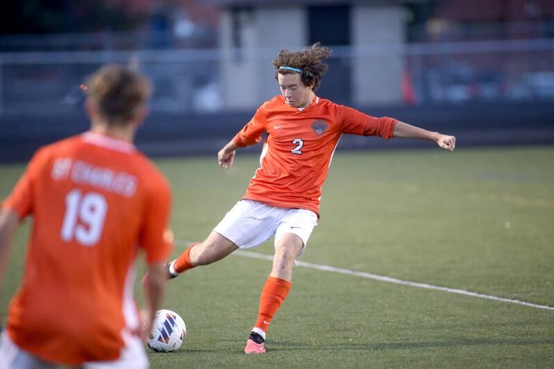 St. Charles East’s Brandon Garland kicks the ball during a game against Crystal Lake Central at Streamwood on Tuesday, Sept. 12, 2023.