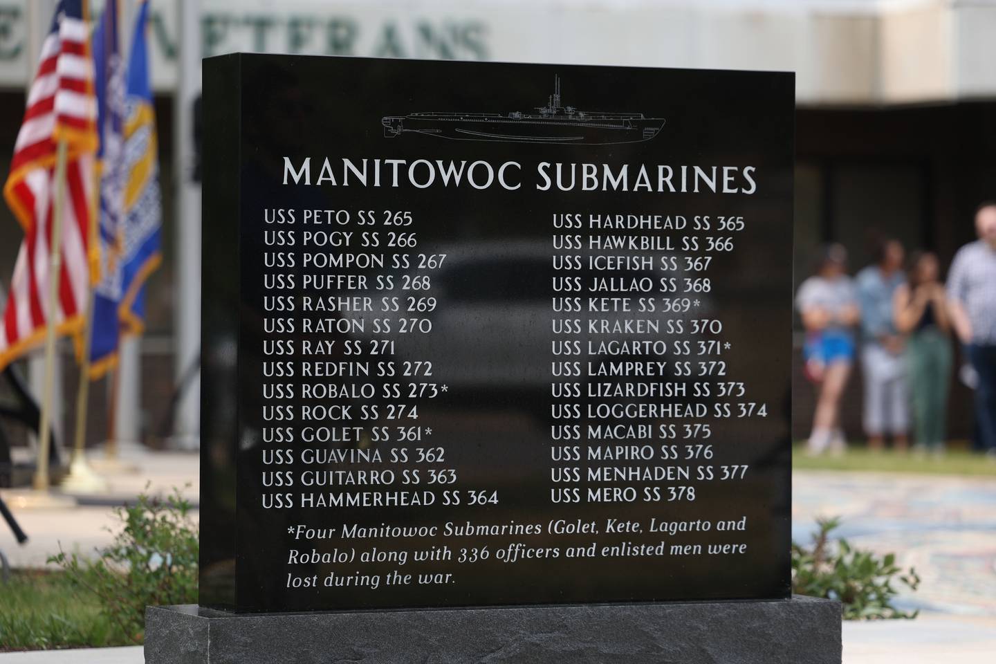 Joliet held a special Flag Day ceremony dedicating a memorial to remember the 28 World War II Submarines that traveled through Joliet on their way to the Pacific theater in Bicentennial Park on Wednesday, June 14, 2023.