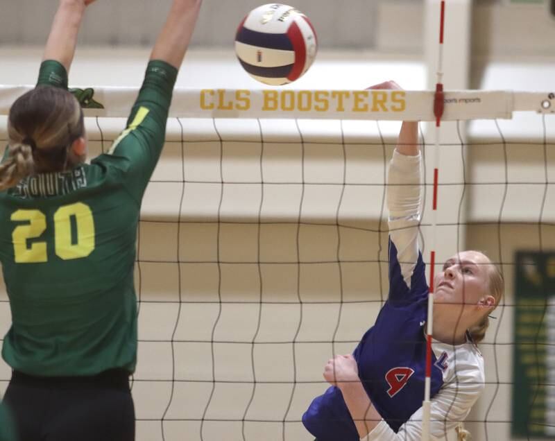 Lakes’ Adelyn Martin hits the ball in IHSA Class 3A Sectional semifinal volleyball action on Tuesday, Nov. 5, 2024, at  Crystal Lake South High School  in Crystal Lake.