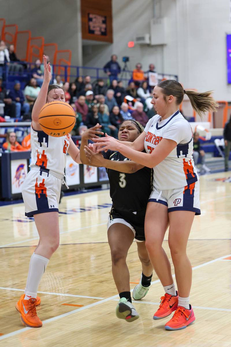 Bishop McNamara’s Eliana Isom during the Fightin’ Irish’s 46-32 loss to Pontiac in the IHSA Class 2A Pontiac Sectional semifinal on Tuesday, Feb. 24, 2026, at Pontiac Township High School.