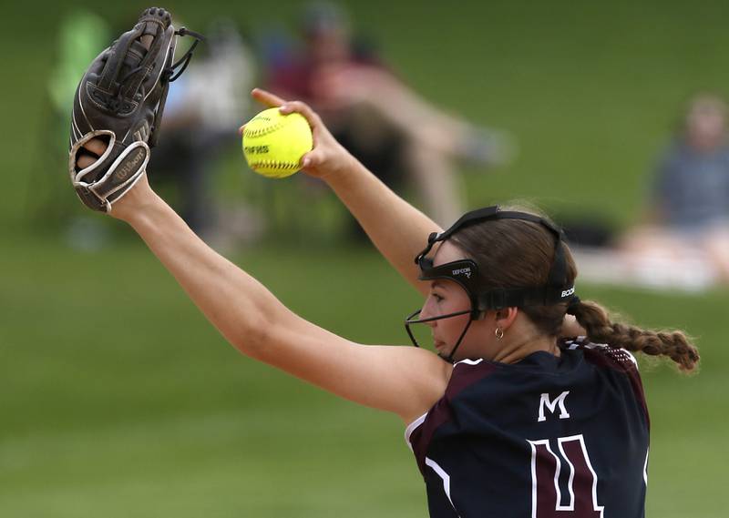 Marengo's Joszsa Christiansen throws a pitch during a Kishwaukee River Conference softball game against Richmond-Burton on Monday, May 12, 2025, at Richmond-Burton High School in Richmond.