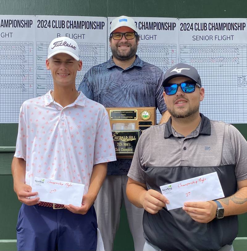 Pictured, left to right, are 2024 Emerald Hill Golf Association Club Championship runner-up Mason Hubbard, champion Jarred Hippen, and Trevor Sisson (third place).