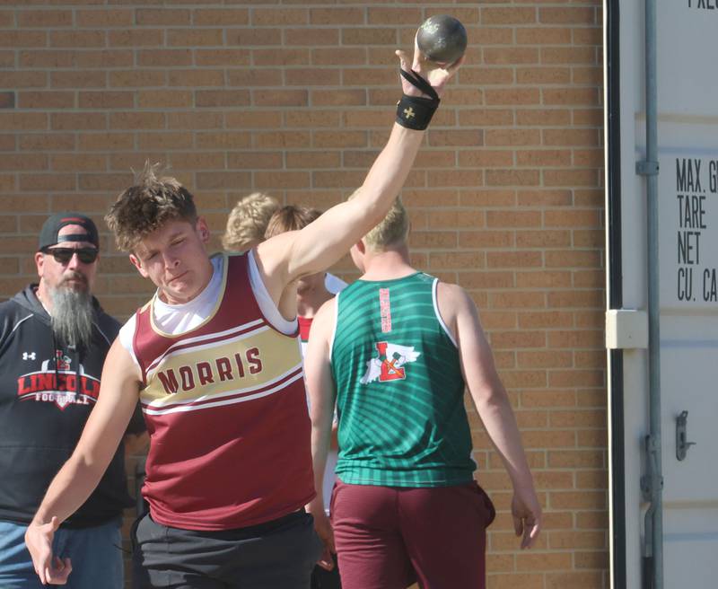Morris's Hayden MacDonald throws shot put during the Class 2A Sectional on Wednesday, May 20, 2026 at Pontiac High School.