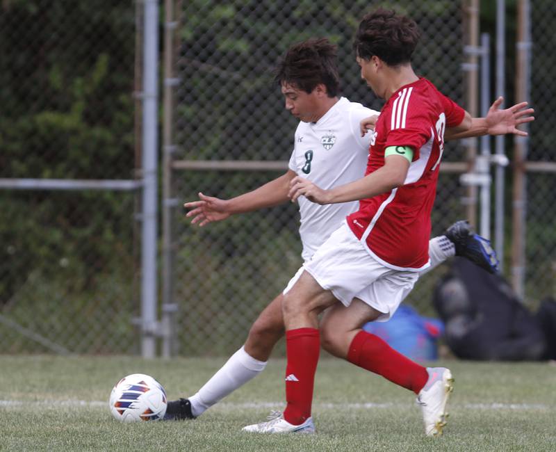 Crystal Lake South's Hayden Stone kicks the ball towards the goal as he is defended by Dundee-Crown's Diego Flores during a Fox Valley Conference soccer match Tuesday, Sept. 5, 2023, at Dundee-Crown High School in Carpentersville.