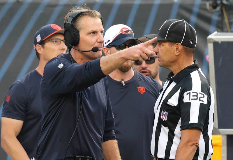 Chicago Bears head coach Matt Eberflus talks to an official during their game against the Green Bay Packers Sunday, Sept. 10, 2023, at Soldier Field in Chicago.