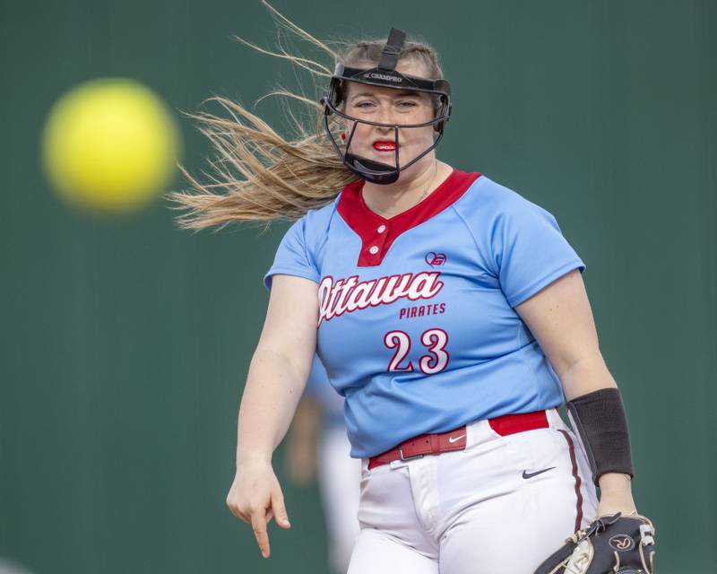 Ottawa's Peyton Bryson throws a pitch against La Salle-Peru at the L-P Athletic Complex on April 22, 2024.