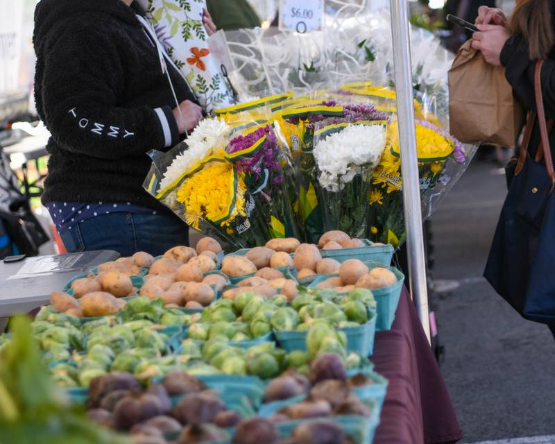 Vegetables and flowers are just a few of many items for sale at The Wheaton French Market on Saturday April 13, 2024, held in downtown Wheaton.