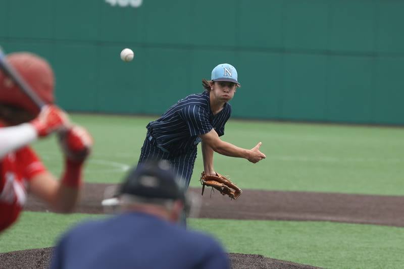 Nazareth’s Nick Drtina delivers a pitch against Glenwood in the IHSA Class 3A State championship. Saturday, June 11, 2022 in Joliet.