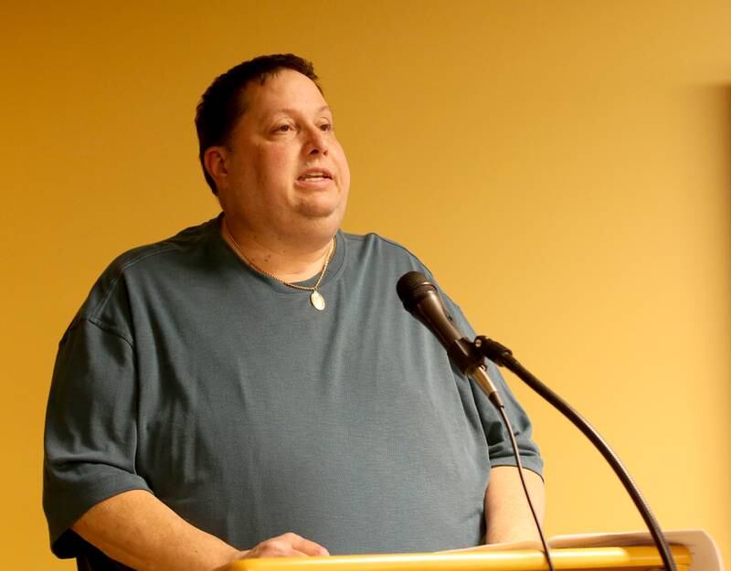 Oglesby mayoral candidate Don Finley delivers a speech during a mayoral and commissioner candidate forum on Wednesday, March 8,  2023 at the Oglesby Public Library.