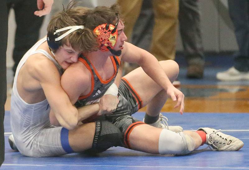 Princeton's Corbin Brown wrestles Kewanee's Landyn Greenghagen during the Class 1A Regional meet on Saturday, Jan. 31, 2026 at Princeton High School.