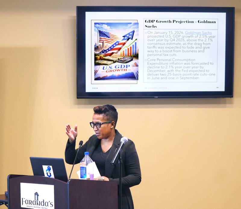 Kristen Broady, senior economist, economic advisor, and director of the Economic Mobility Project at the Federal Reserve Bank of Chicago, speaks Wednesday, March 25, 2026, during the DeKalb County Economic Development Corporation’s annual economic outlook luncheon Wednesday at Faranda’s Banquets in DeKalb.