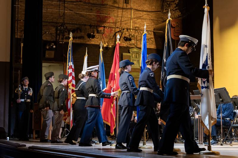 The JROTC Color Guard presents the colors during the Veterans Day Assembly at Joliet Central High School on Nov. 7, 2025.