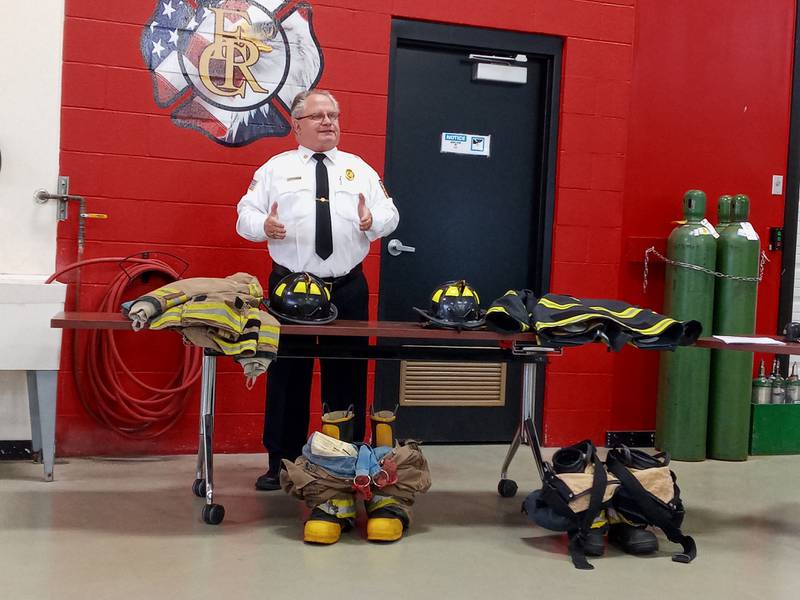 Fox River and Countryside Fire Rescue District Chief Bert Lancaster explains the cost of replacing outdated equipment at an information session Wednesday regarding its $13 million bond request on the June 28 primary ballot.