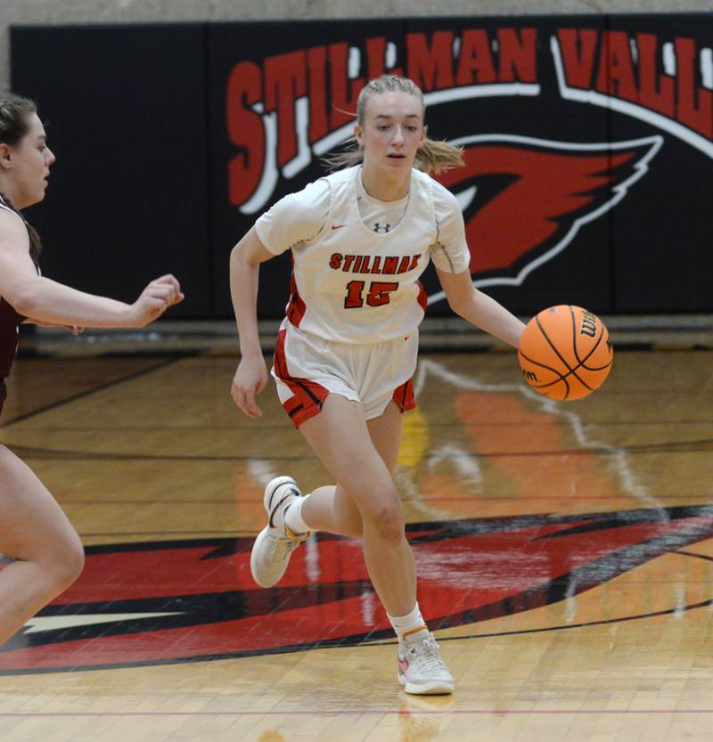 Stillman Valley's Taylor Davidson (15) drives to the basket against Marengo during the 2A Stillman Valley Sectional on Monday, Feb. 17, 2025 at Stillman Valley High School. Davidson led all scorers with 22 in the Cardinals' 58-31 win.