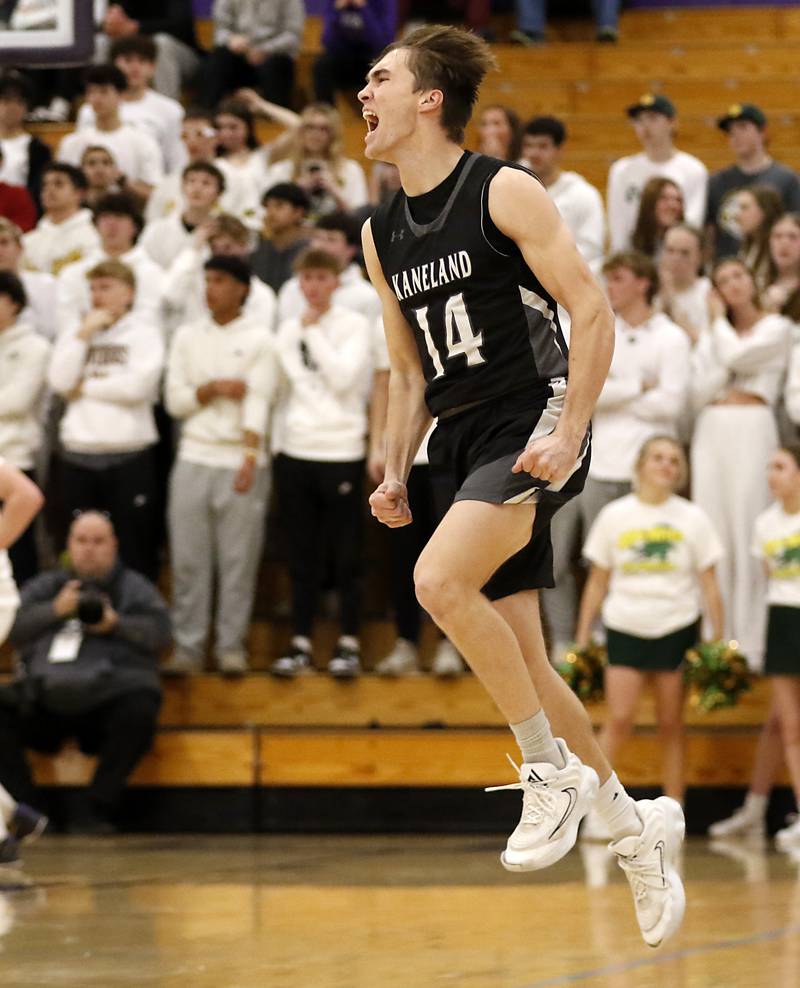 Kaneland’s Preston Popovich  celebrates a three-point basket to end the first quarter during the IHSA Class 3A Rochelle Sectional championship basketball game against Crystal Lake South on Friday, March 7, 2025, at Rochelle High School.