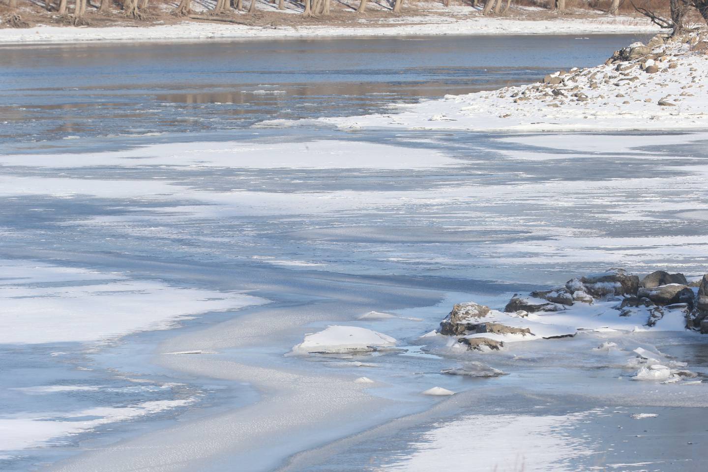 A portion of the Illinois River is frozen over on Tuesday, Jan. 14, 2025 near Starved Rock State Park.