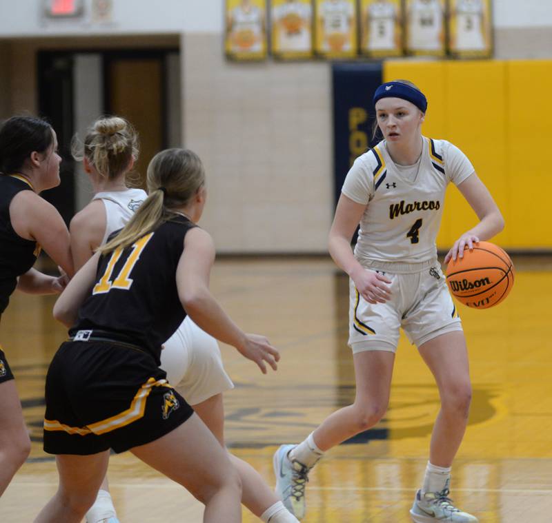 Polo's Camrynn Jones handles the ball against Riverdale during a Saturday, Jan. 18, 2025 game at Polo High School.