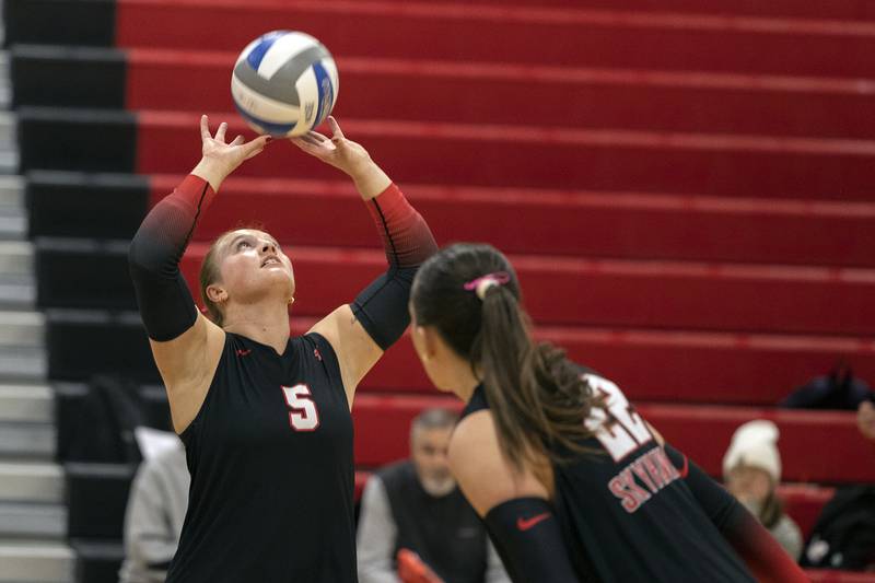 Sauk Valley’s Denali Stonitsch sets the ball against Kishwaukee Wednesday, Oct. 29, 2025.