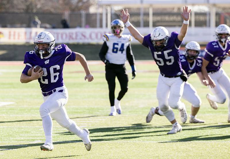Wilmington's Ryan Schraeger heads for the end zone against Maroa-Forsyth Friday, Nov. 28, 2025, in the Class 2A football finals at Hancock Stadium at ISU.