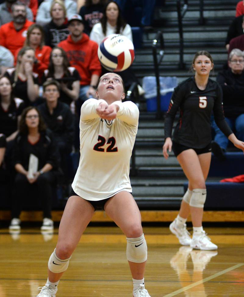 Fulton's Resse Germann (22) digs the ball against Galena during 1A action at the Polo Sectional on Tuesday, Nov. 5, 2024 at Polo High School.