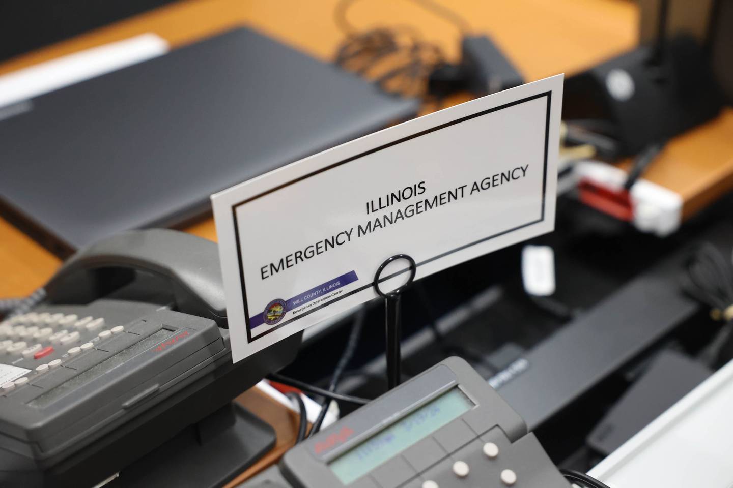 Phone stations are set up in the Emergency Management Agency command center on Tuesday, March 19, 2024 in Joliet.