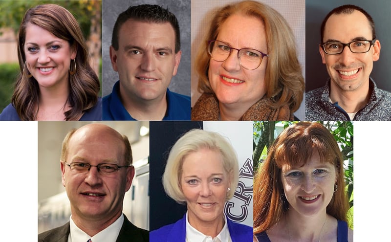 Candidates for the Crystal Lake Elementary School District 47 school board from left to right. Top row: Emily Smith, Dan Palombit, Debra Barton, Jonathan Powell. Bottom row: Tim Mahaffy, Betsy Les and Cascia Talbert.