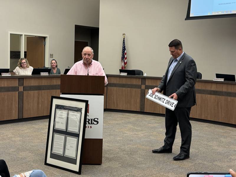 Joe Schmitz thanks the Morris City Council and everyone who attended Monday's City Council meeting for honoring him by renaming South Locust Road after him.